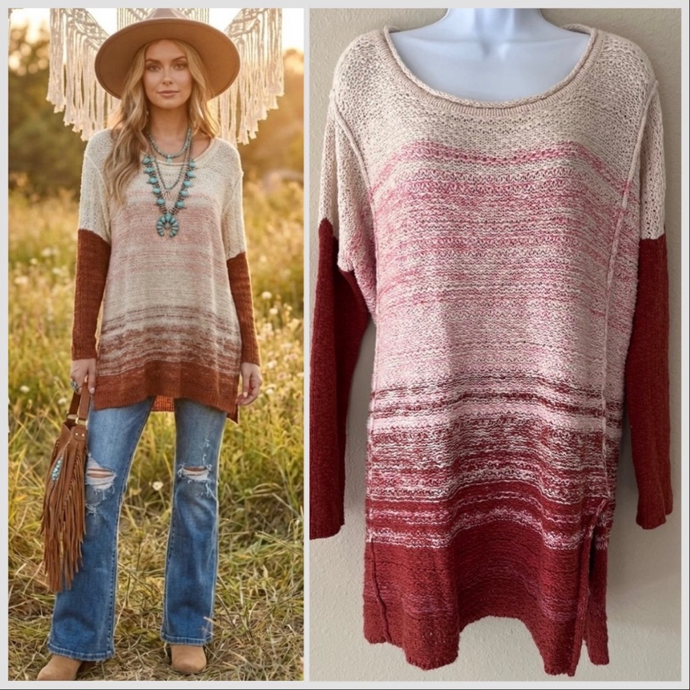 Free People Sweater Size Medium Tunic‎ Ombré Side Slit Burnt Orange